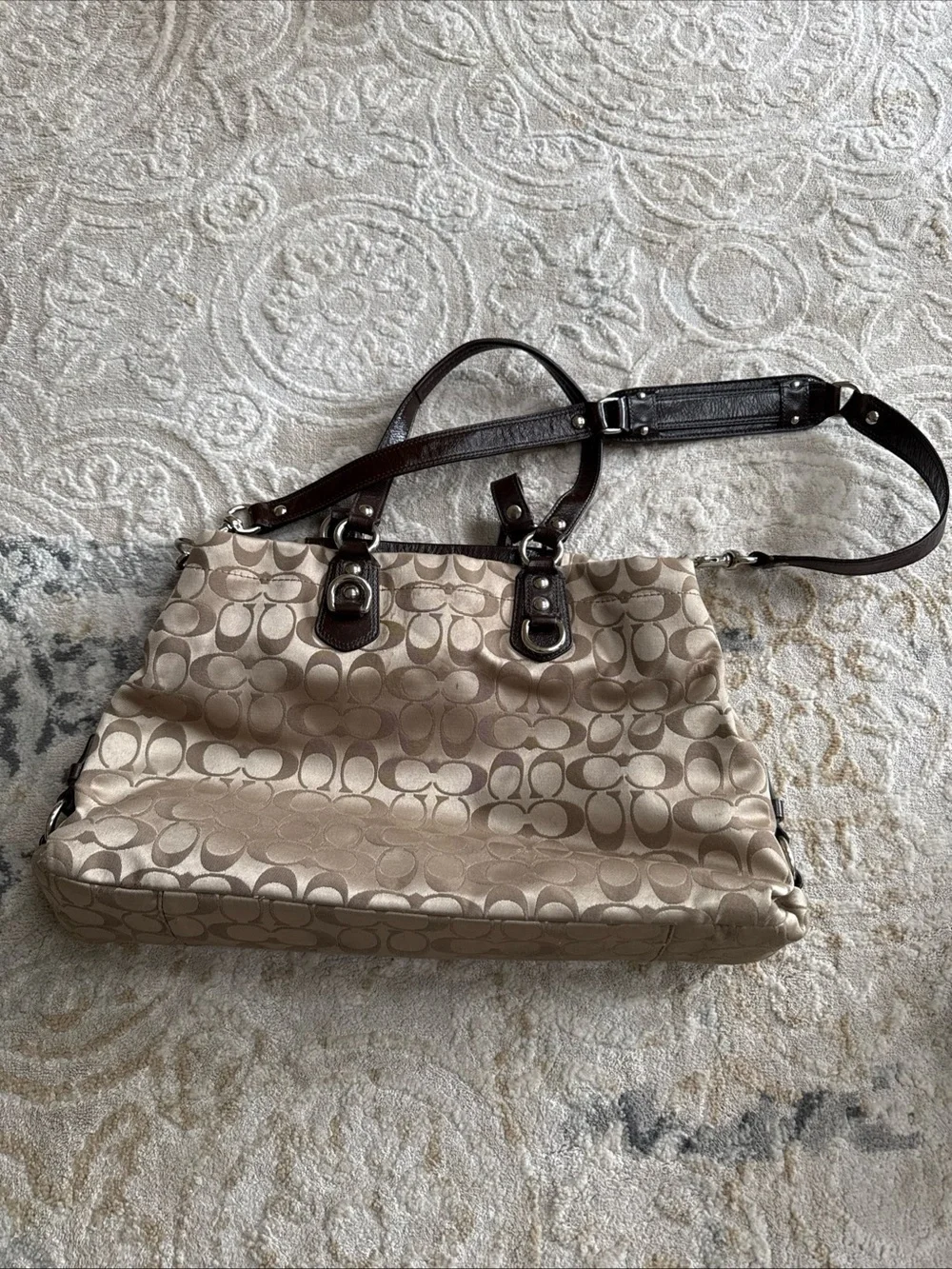 Coach Beige Signature Tote with Dark Brown Leather Trim